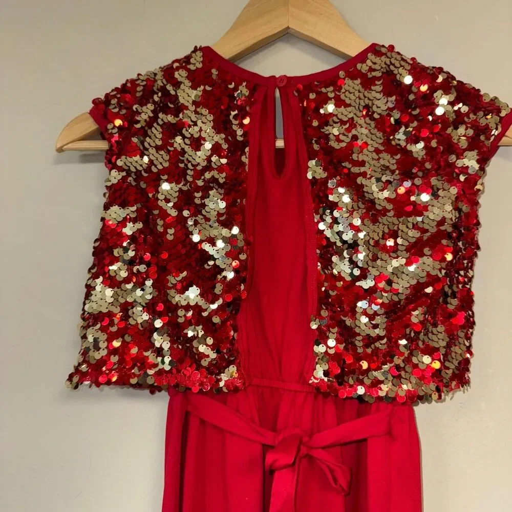 Red Sequin Jumpsuit Girls 7-8 Medium Costume Holiday Party Formal Gold Dress Up